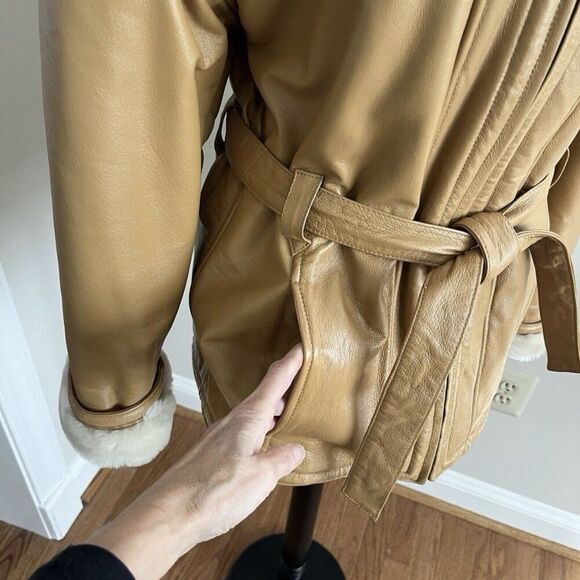 Wilsons Leather Penny Lane Belted Jacket S Y2K Coat Faux Fur Hood Cabincore Boho - Picture 12 of 16